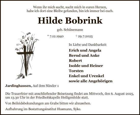 Traueranzeige von Hilde Bobrink von SYKS