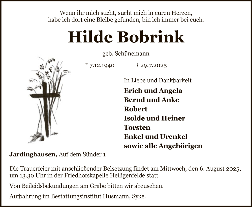  Traueranzeige für Hilde Bobrink vom 02.08.2025 aus SYKS