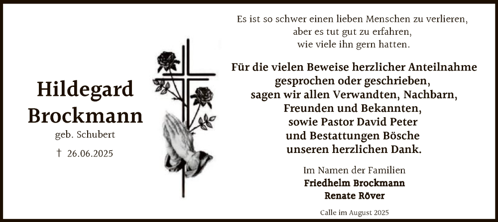  Traueranzeige für Hildegard Brockmann vom 16.08.2025 aus SYKS