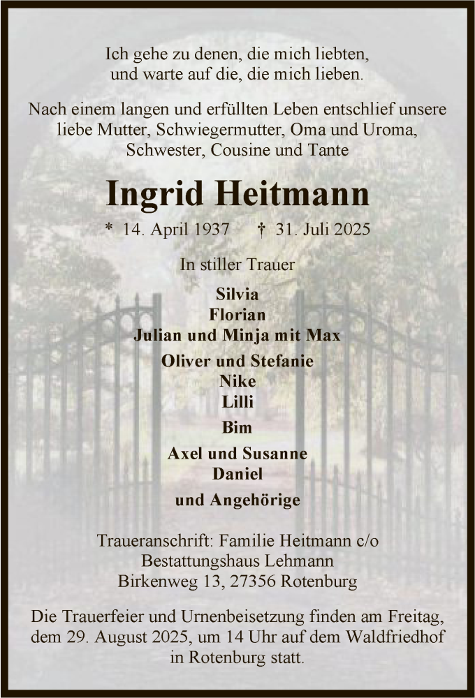  Traueranzeige für Ingrid Heitmann vom 09.08.2025 aus SYKR