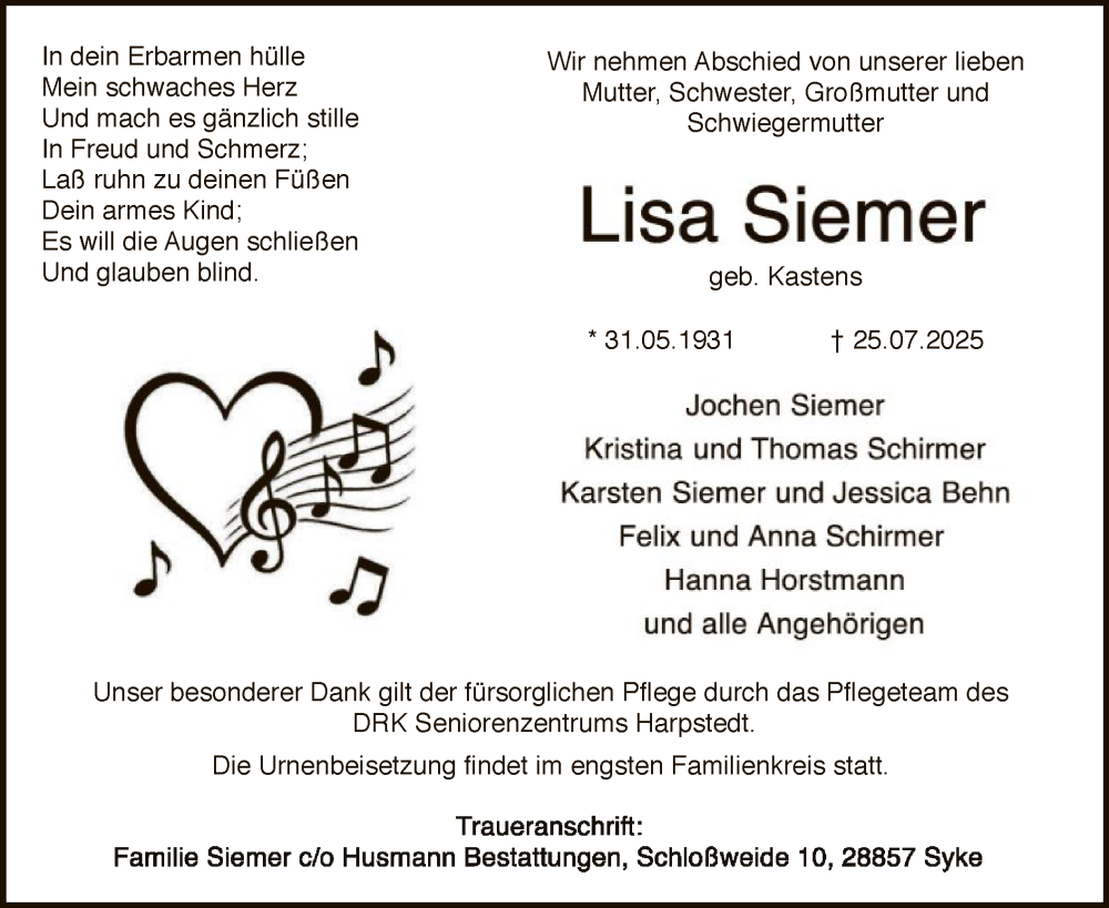  Traueranzeige für Lisa Siemer vom 02.08.2025 aus SYKS