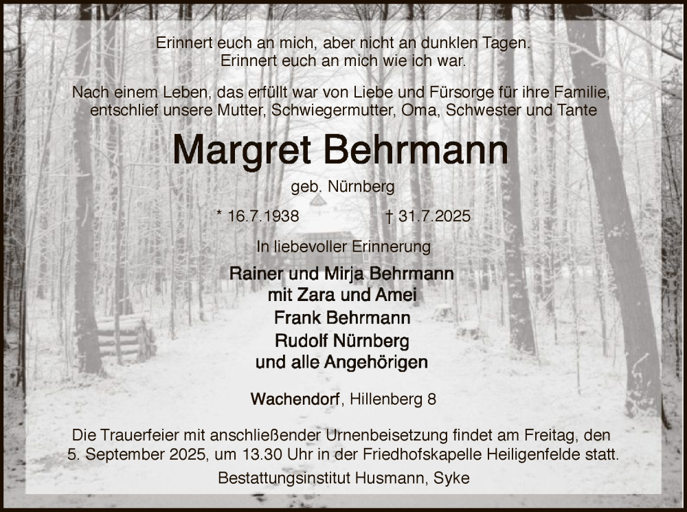  Traueranzeige für Margret Behrmann vom 09.08.2025 aus SYKS