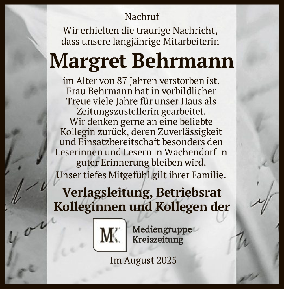  Traueranzeige für Margret Behrmann vom 09.08.2025 aus SYKS