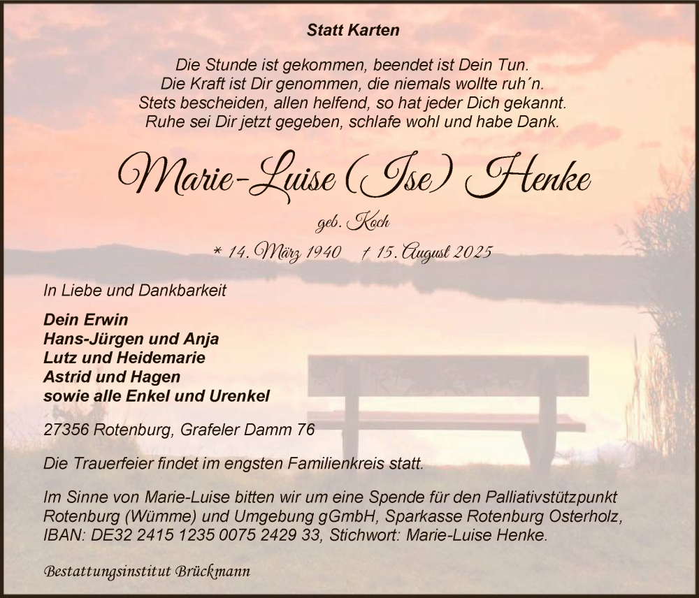  Traueranzeige für Marie-Luise Henke vom 21.08.2025 aus SYKR