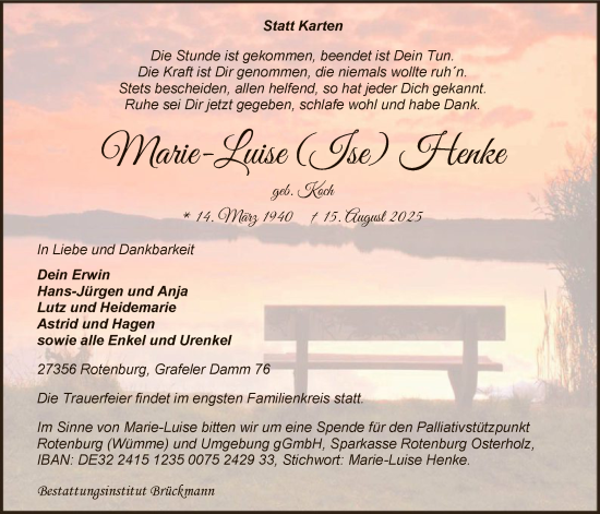 Traueranzeige von Marie-Luise Henke von SYKR