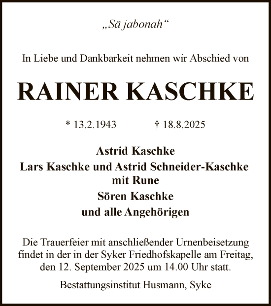Traueranzeige von Rainer Kaschke von SYKS