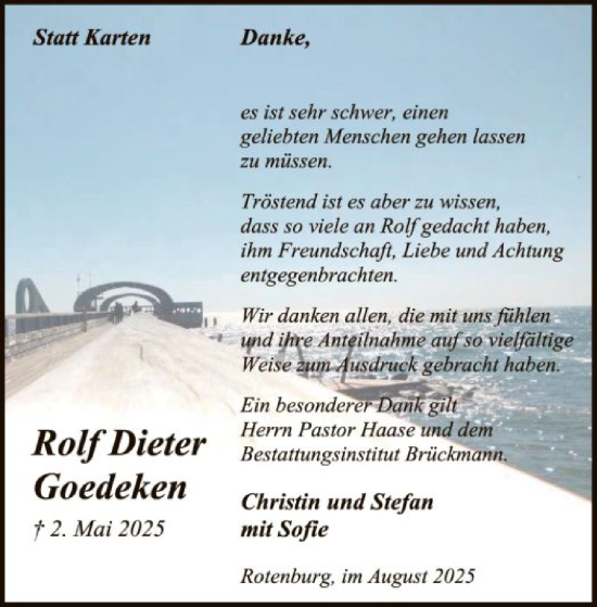 Traueranzeige von Rolf Dieter Goedeken von SYKR
