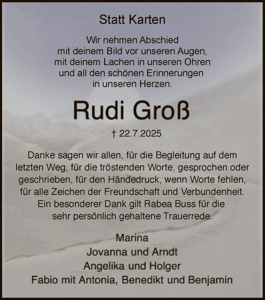  Traueranzeige für Rudi Groß vom 23.08.2025 aus SYKS