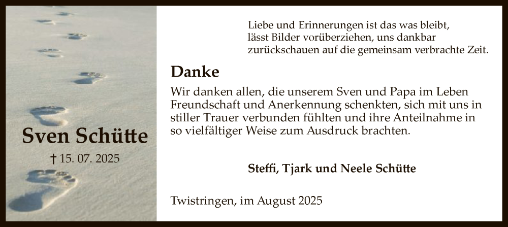  Traueranzeige für Sven Schütte vom 30.08.2025 aus SYKS