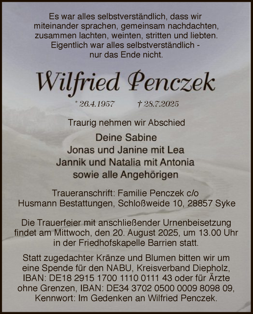  Traueranzeige für Wilfried Penczek vom 09.08.2025 aus SYKSSYKS