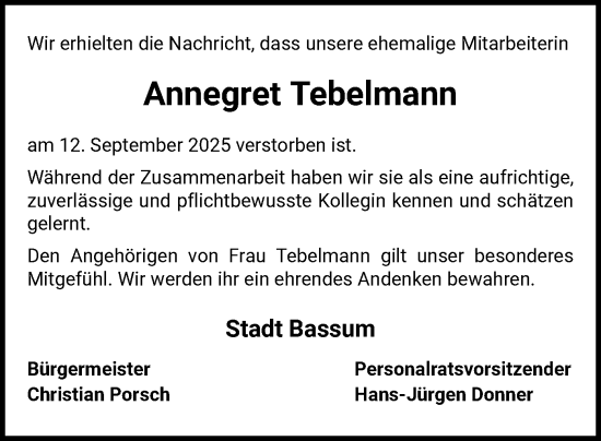 Traueranzeige von Annegret Tebelmann von SYKS