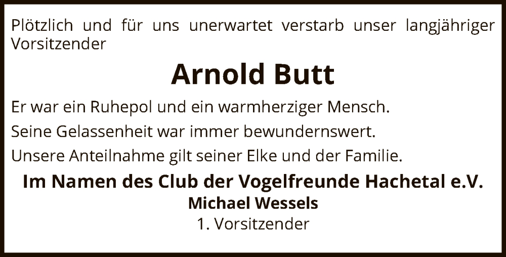  Traueranzeige für Arnold Butt vom 01.09.2025 aus SYKS