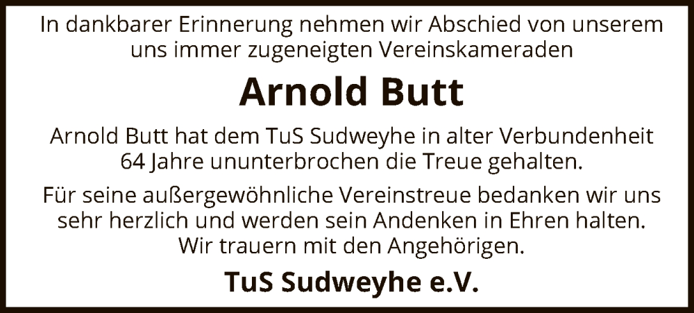  Traueranzeige für Arnold Butt vom 02.09.2025 aus SYKS