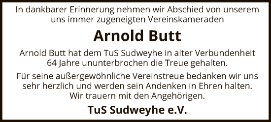Traueranzeige von Arnold Butt von SYKS