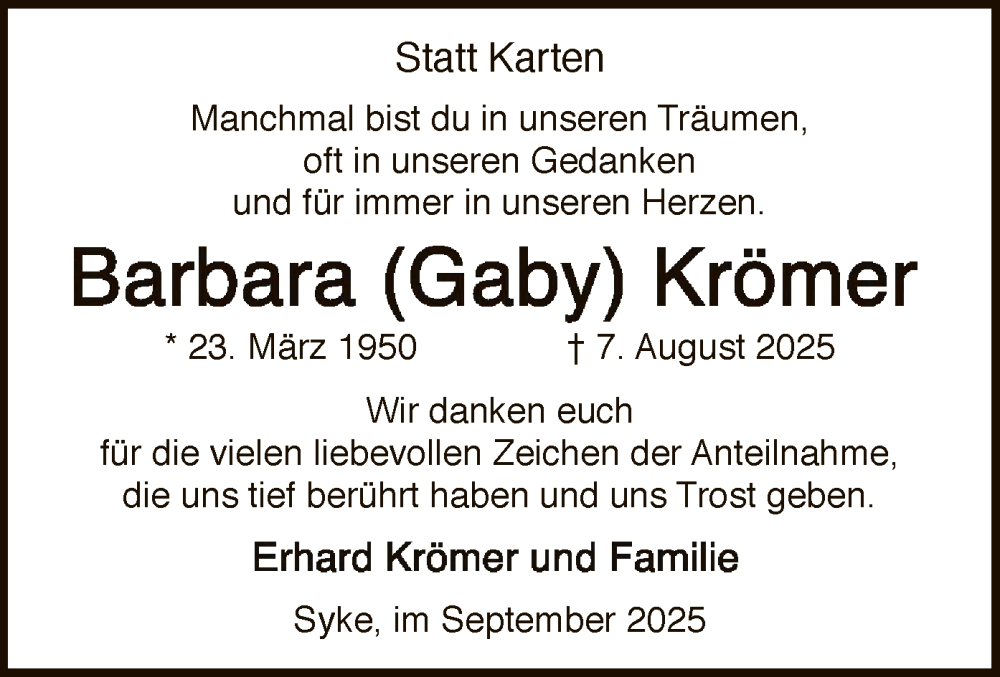  Traueranzeige für Barbara Krömer vom 05.09.2025 aus SYKS