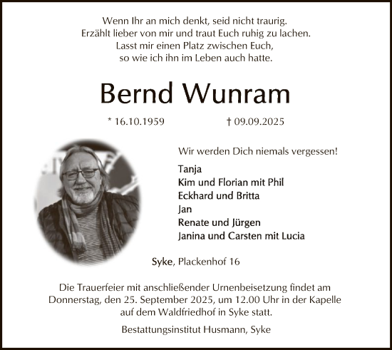 Traueranzeige von Bernd Wunram von SYKS