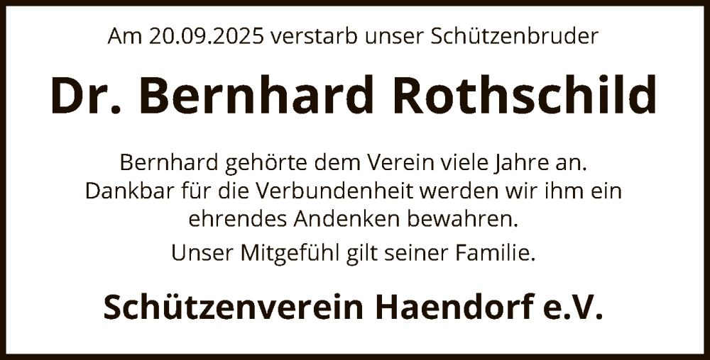  Traueranzeige für Bernhard Rothschild vom 27.09.2025 aus SYKS