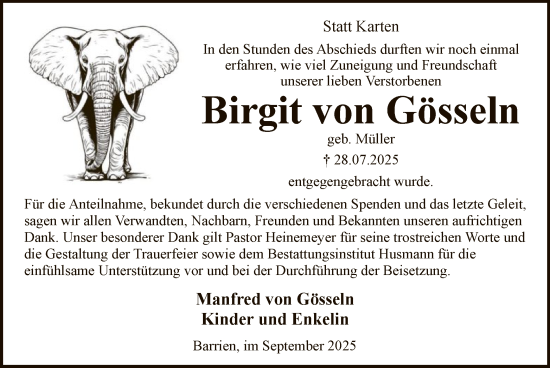 Traueranzeige von Birgit von Gösseln von SYKS