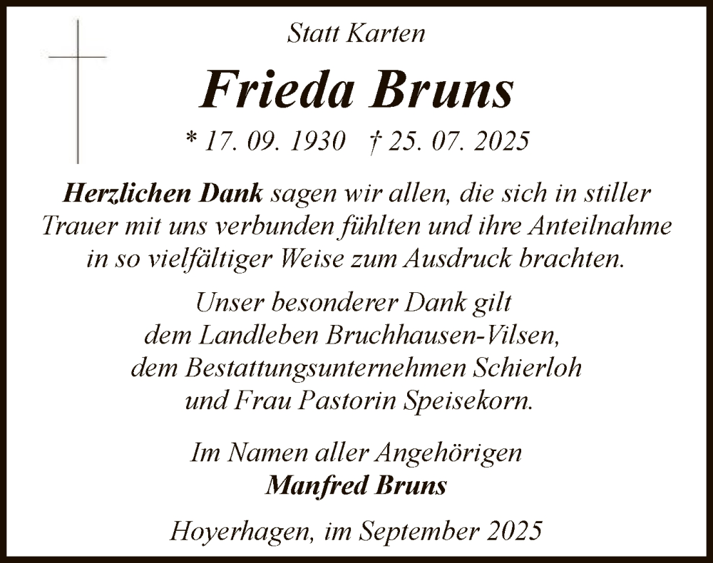  Traueranzeige für Frieda Bruns vom 17.09.2025 aus SYKS
