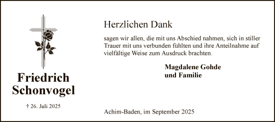 Traueranzeige von Friedrich Schonvogel von SYKS