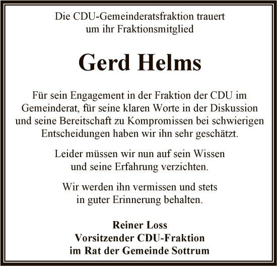 Traueranzeige von Gerd Helms von SYKR