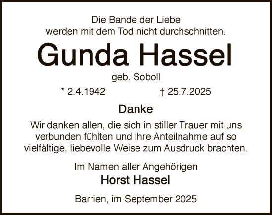 Traueranzeige von Gunda Hassel von SYKS