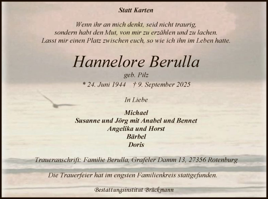 Traueranzeige von Hannelore Berulla von SYKR