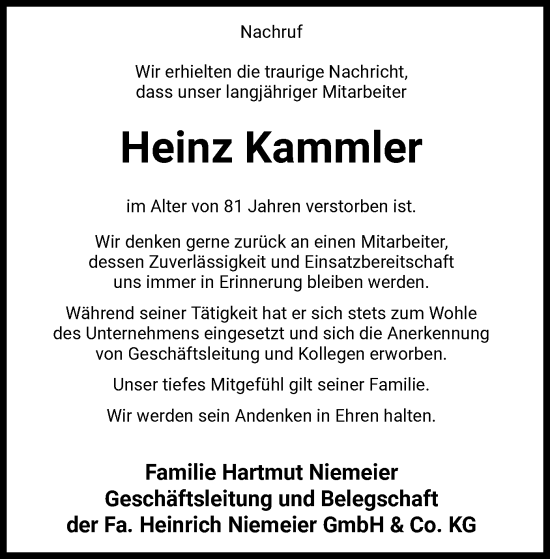 Traueranzeige von Heinz Kammler von SYKS
