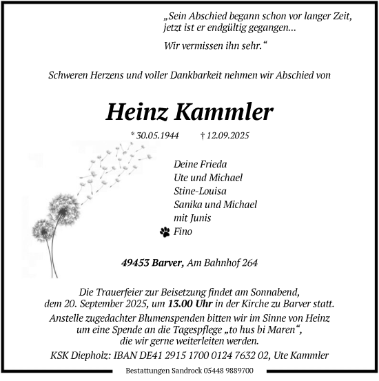 Traueranzeige von Heinz Kammler von SYKS