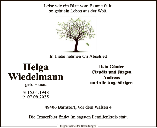 Traueranzeige von Helga Wiedelmann von SYKS