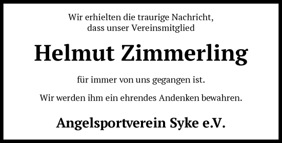 Traueranzeige von Helmut Zimmerling von SYKS