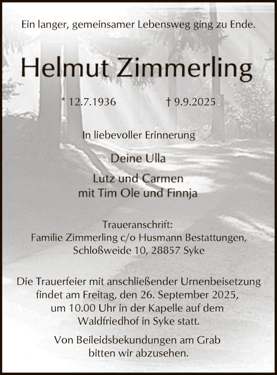 Traueranzeige von Helmut Zimmerling von SYKS