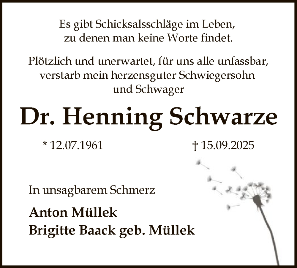  Traueranzeige für Henning Schwarze vom 30.09.2025 aus SYKS