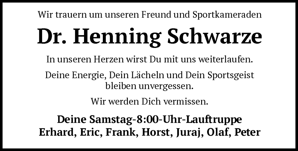  Traueranzeige für Henning Schwarze vom 27.09.2025 aus SYKS