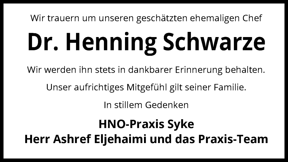  Traueranzeige für Henning Schwarze vom 27.09.2025 aus SYKS