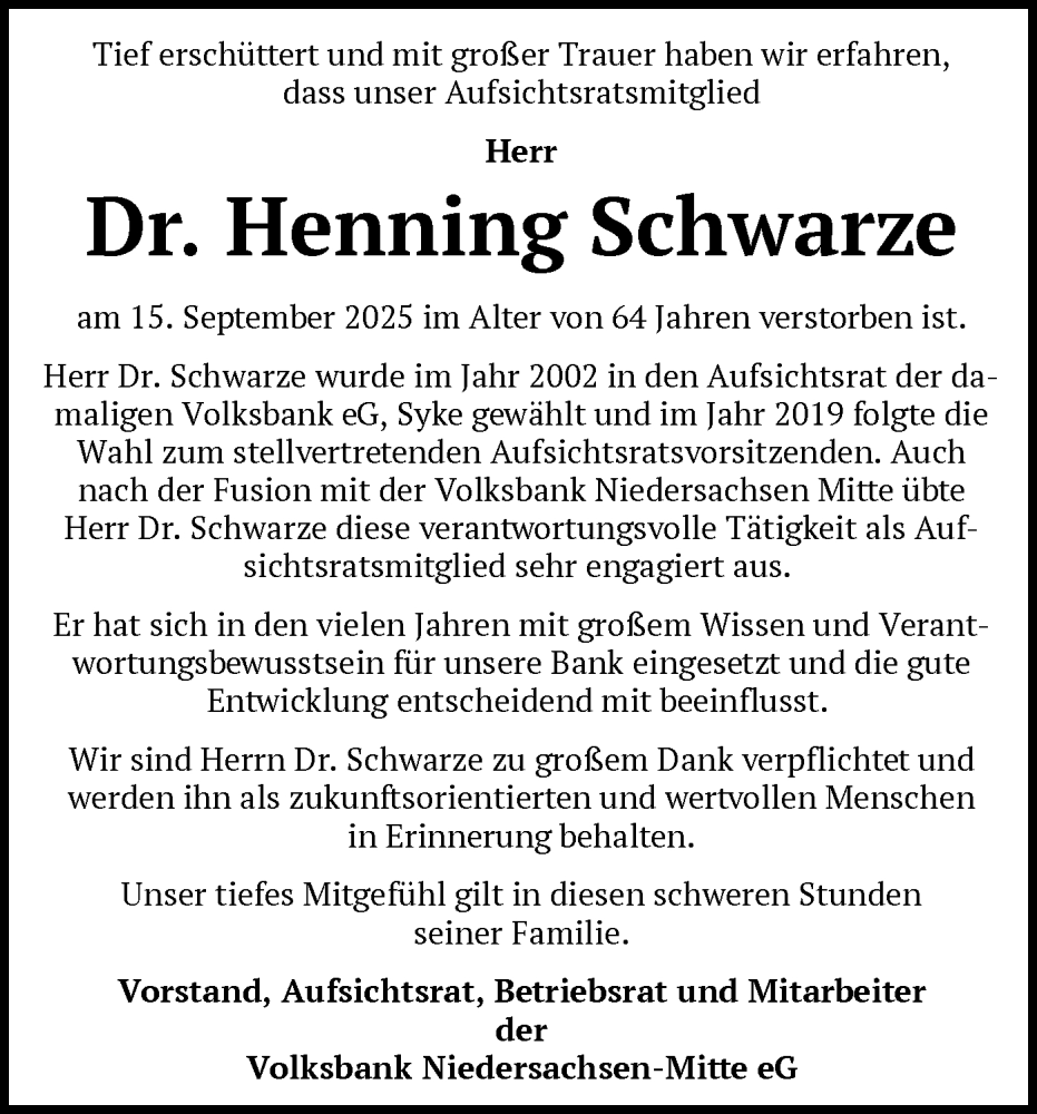  Traueranzeige für Henning Schwarze vom 27.09.2025 aus SYKS