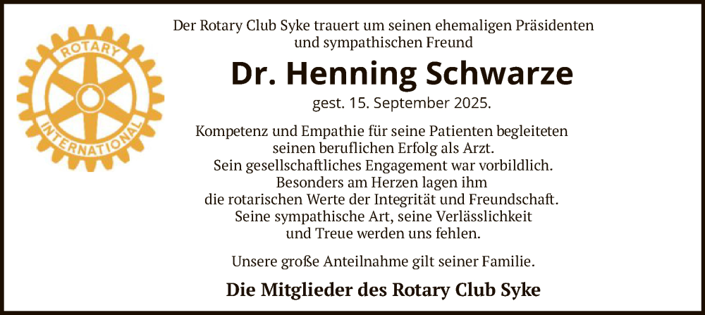  Traueranzeige für Henning Schwarze vom 27.09.2025 aus SYKS