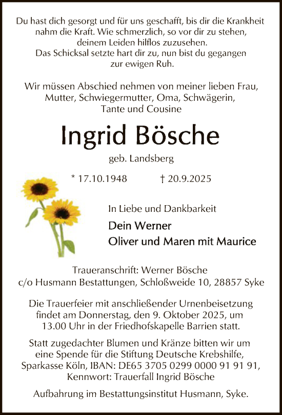 Traueranzeige von Ingrid Bösche von SYKS