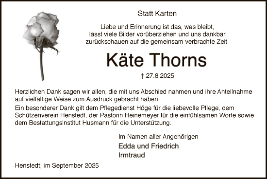 Traueranzeige von Käte Thorns von SYKSSYKS