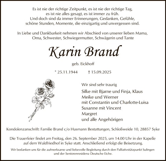 Traueranzeige von Karin Brand von SYKS