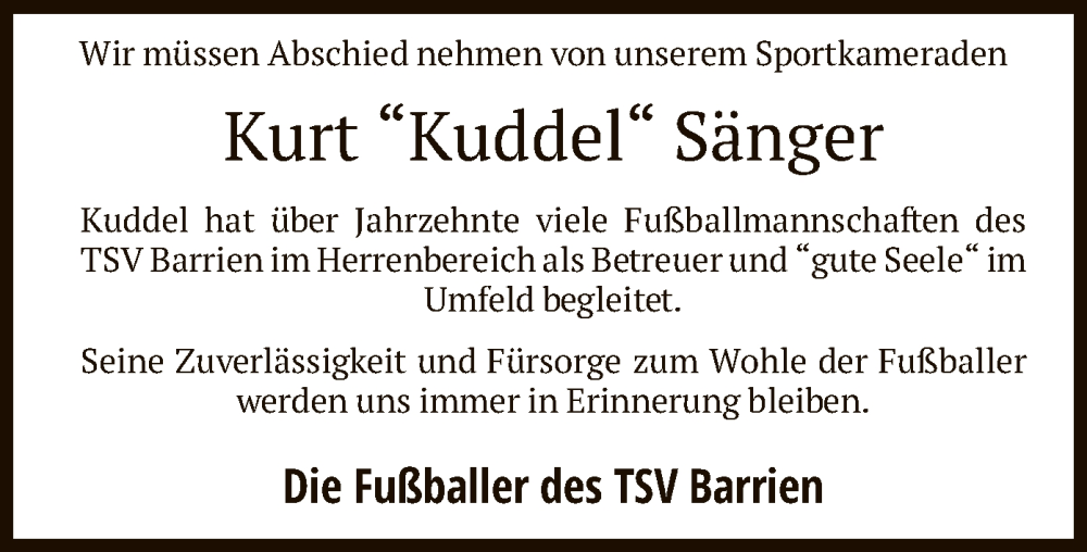  Traueranzeige für Kurt Sänger vom 03.09.2025 aus SYKS