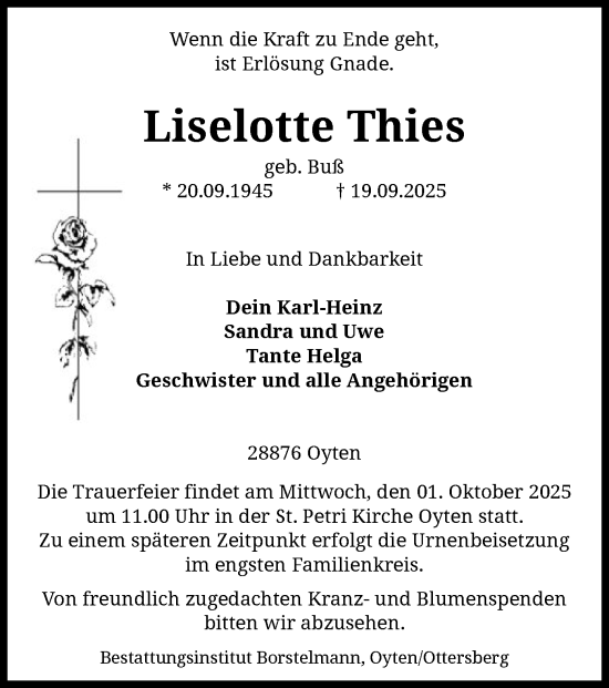 Traueranzeige von Liselotte Thies von SYKS