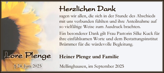 Traueranzeige von Lore Plenge von SYKSSYKS