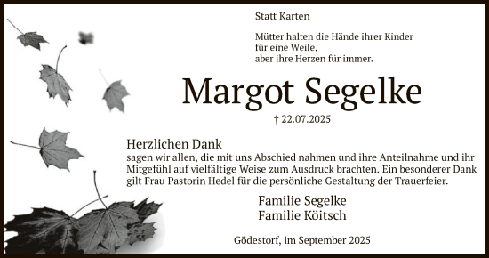 Traueranzeige von Margot Segelke von SYKS