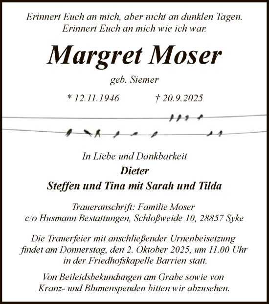 Traueranzeige von Margret Moser von SYKS