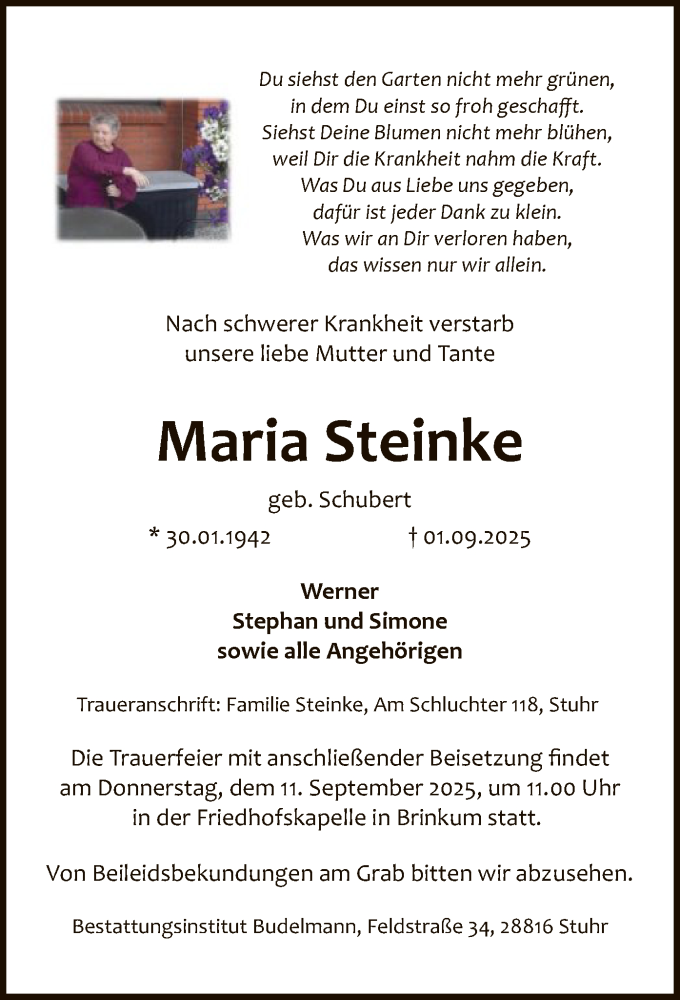  Traueranzeige für Maria Steinke vom 06.09.2025 aus SYKS