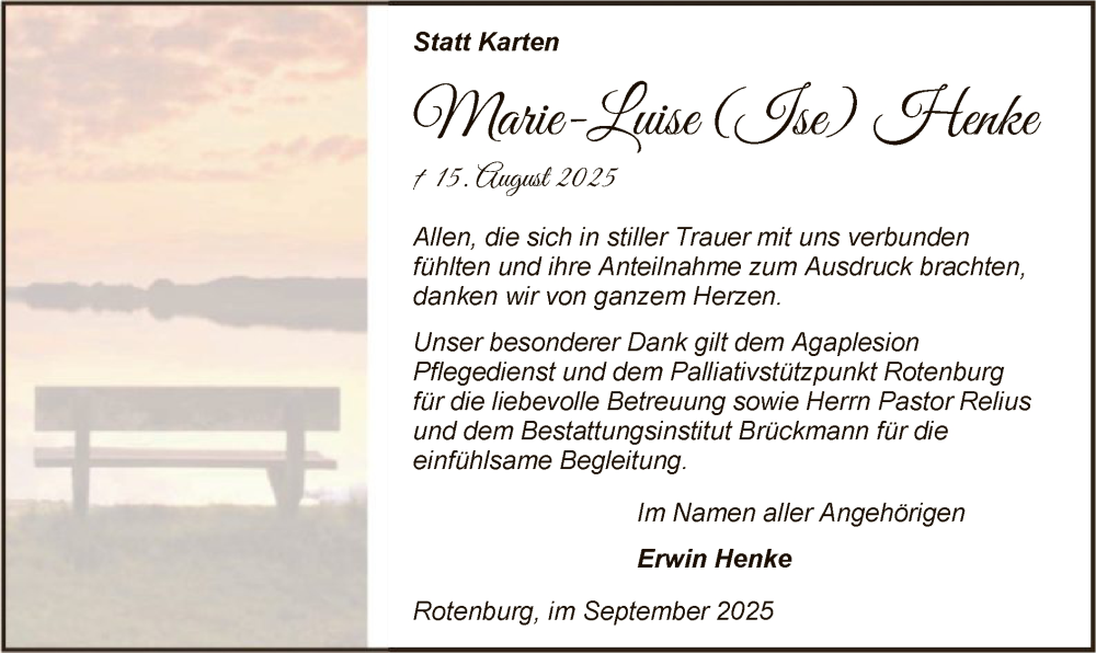  Traueranzeige für Marie-Luise Henke vom 27.09.2025 aus SYKR