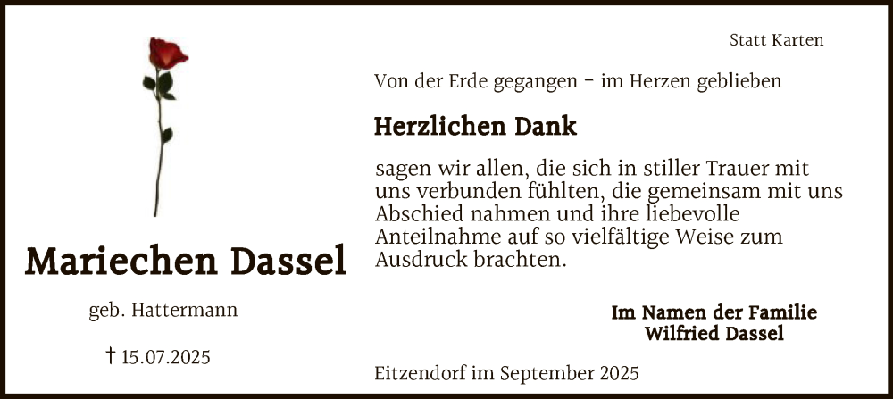 Traueranzeige für Mariechen Dassel vom 06.09.2025 aus SYKS