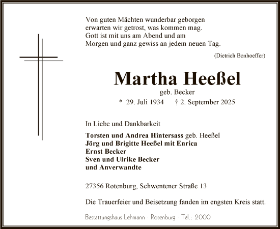 Traueranzeige von Martha Heeßel von SYKR