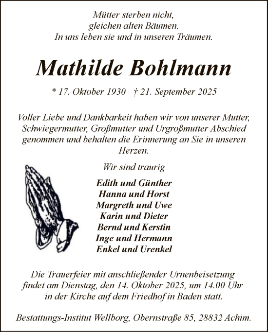 Traueranzeige von Mathilde Bohlmann von SYKS
